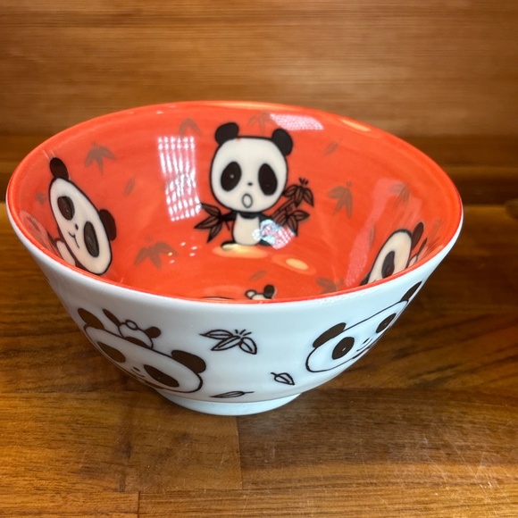 Japanese Style Panda Children Rice Soup Bowl 5” D Porcelain Red & White Bowl - Picture 1 of 9
